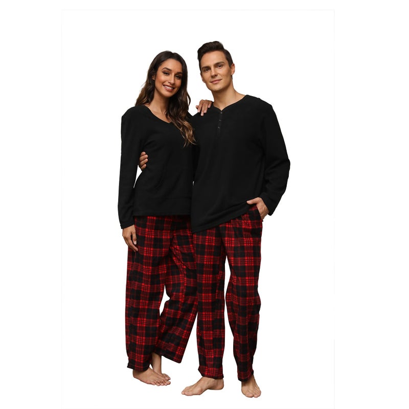 U2SKIIN Couple Pajama Sets, Plaid Pajama Set for Men and Women Soft Warm Pjs Set Black/Red-Black Plaid Mens Large - Image 1